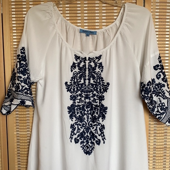 SOLITAIRE SWIM RAGLAN CREW NECK WHITE W. NAVY BLUE EMBROIDERY TUNIC/COVER‎ UP  L - Picture 5 of 9